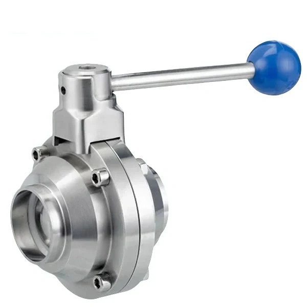 Stainless steel sanitary butterfly type ball valve with round handle and welded ends for hygienic applications
