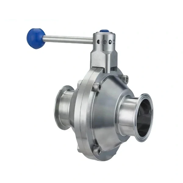 Sanitary grade stainless steel butterfly type ball valve with round handle and tri-clamp connection for hygienic applications
