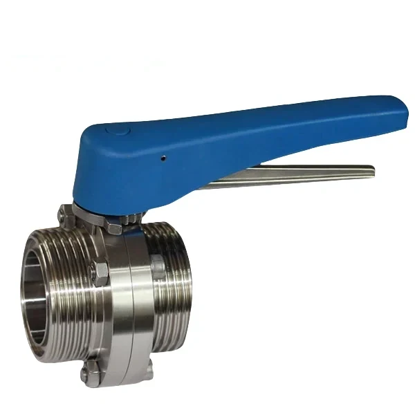 Stainless steel sanitary butterfly valve with plastic handle and male-male threaded connections for hygienic applications