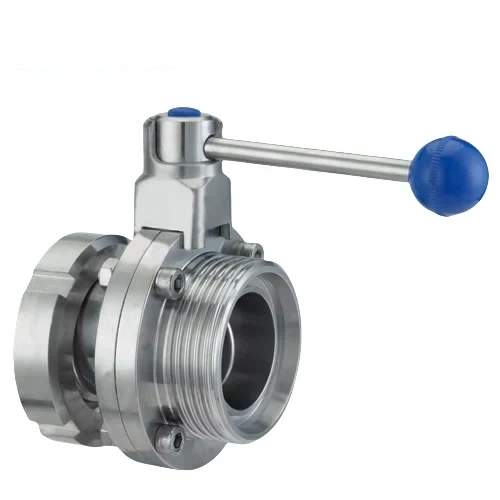 Sanitary grade stainless steel manual butterfly valve with round handle and union-male connection for hygienic processing