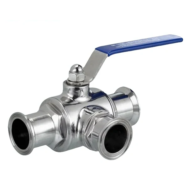Sanitary grade stainless steel manual 3-way ball valve with clamped connection for hygienic applications