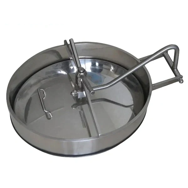 Stainless steel sanitary oval manway for hygienic tank access.