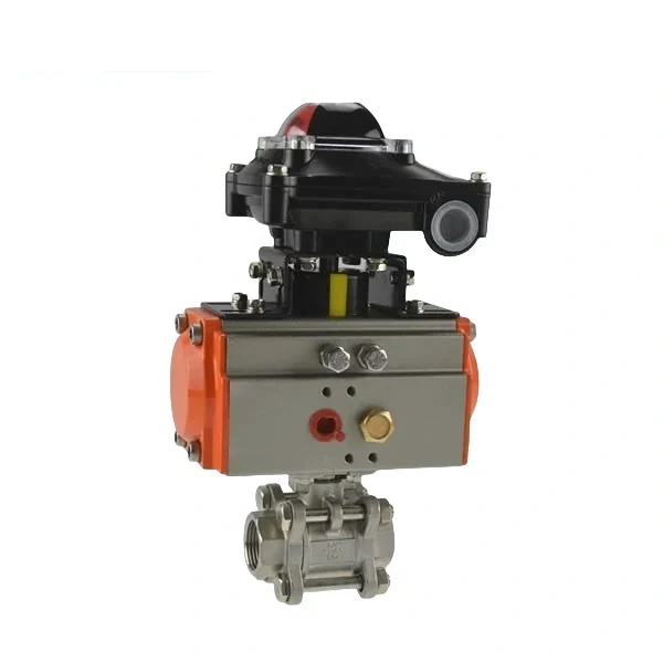 Sanitary grade stainless steel pneumatic 3-piece ball valve with threaded connections for hygienic applications