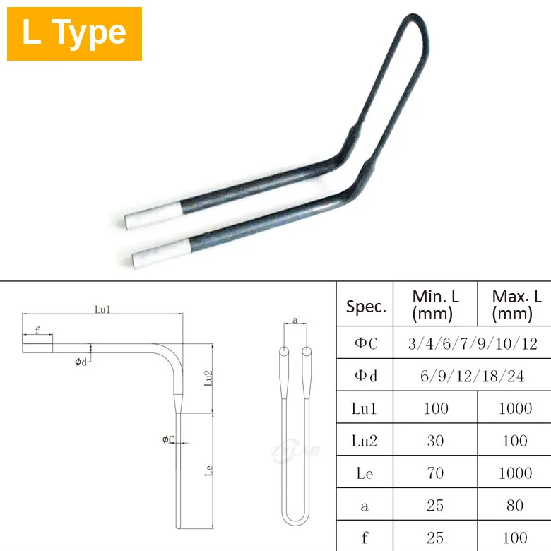 L-Shaped MoSi2 Heating Element Size